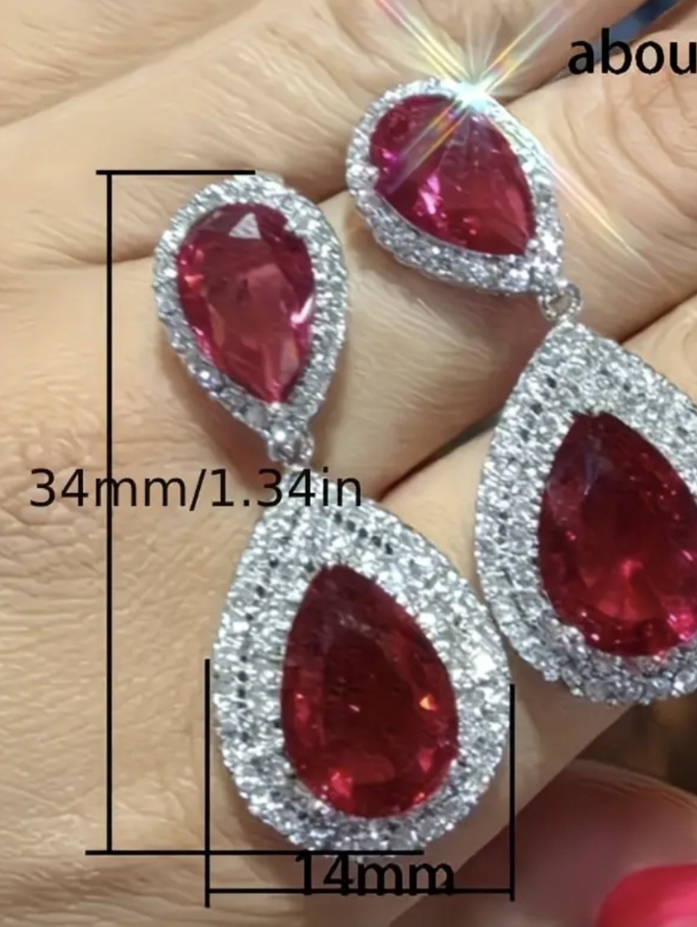 Ruby Red Diamond Teardrop Accented Dangle Evening Statement Earrings - Picture 3 of 4